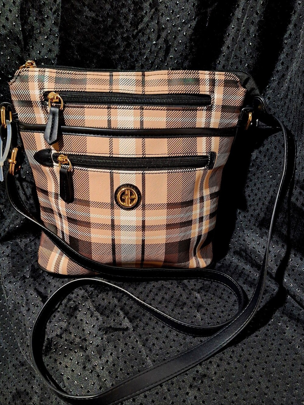 Plaid Crossbody Shoulder Bag with Gold Logo Accent - Black Trim